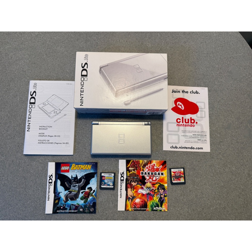 Nintendo DS Lite Metallic Silver Console Bundle with Box LEGO Batman Bakugan